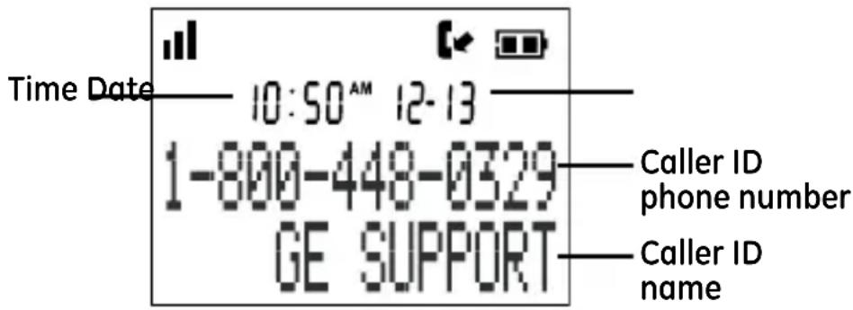 Time Date 10:50 AM 12-13 1-800-448-0329 GE SUPPORT Caller ID phone number Caller ID name