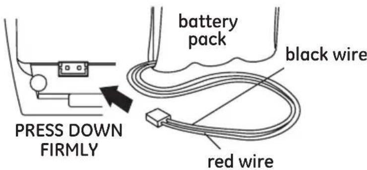 PRESS DOWN FIRMLY battery pack black wire red wire