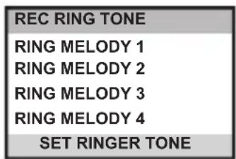 REC RING TONE RING MELODY 1 RING MELODY 2 RING MELODY 3 RING MELODY 4 SET RINGER TONE