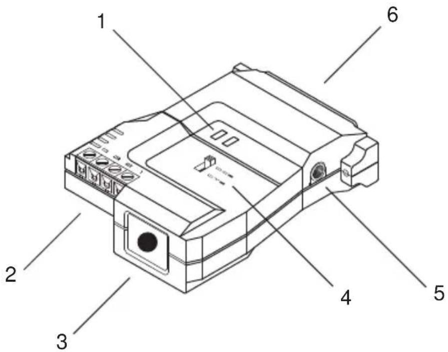 Technical diagram of a device with numbered parts labeled 1 through 6