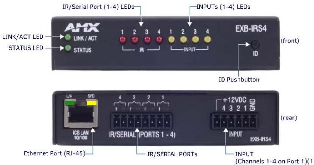 IR/Serial Port (1-4) LEDs INPUTs (1-4) LEDs LINK/ACT LED STATUS LED STATUS 1 2 3 4 1 2 3 4 EXB-IRS4 (front) ID ID Pushbutton L/A SPD +12VDC 4 3 2 1 GND (rear) ICS LAN 10/100 IR/SERIAL (PORTS 1 - 4) IR/SERIAL PORTs INPUT EXB-IRS4 Ethernet Port (RJ-45) INPUT (Channels 1-4 on Port 1)(1)