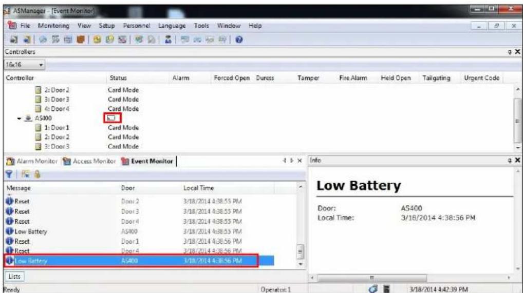 ASManager - [Event Monitor] File Monitoring View Setup Personnel Language Tools Window Help Controllers 16:16 Controller Status Alarm Forced Open Duress Tamper Fire Alarm Held Open Tailgating Urgent Code 2: Door 2 Card Mode 3: Door 3 Card Mode 4: Door 4 Card Mode AS100 1: Door 1 Card Mode 2: Door 2 Card Mode 3: Door 3 Card Mode Alarm Monitor Access Monitor Event Monitor Info Message Door Local Time Reset Door 2 3/18/2014 4:38:55 PM Reset Door 3 3/18/2014 4:38:55 PM Reset Door 4 3/18/2014 4:38:55 PM Low Battery AS100 3/18/2014 4:38:55 PM Reset Door 1 3/18/2014 4:38:56 PM Reset Door 4 3/18/2014 4:38:56 PM Low Battery AS100 3/18/2014 4:38:56 PM Loos Ports Ready Operator 1 3/18/2014 4:42:39 PM