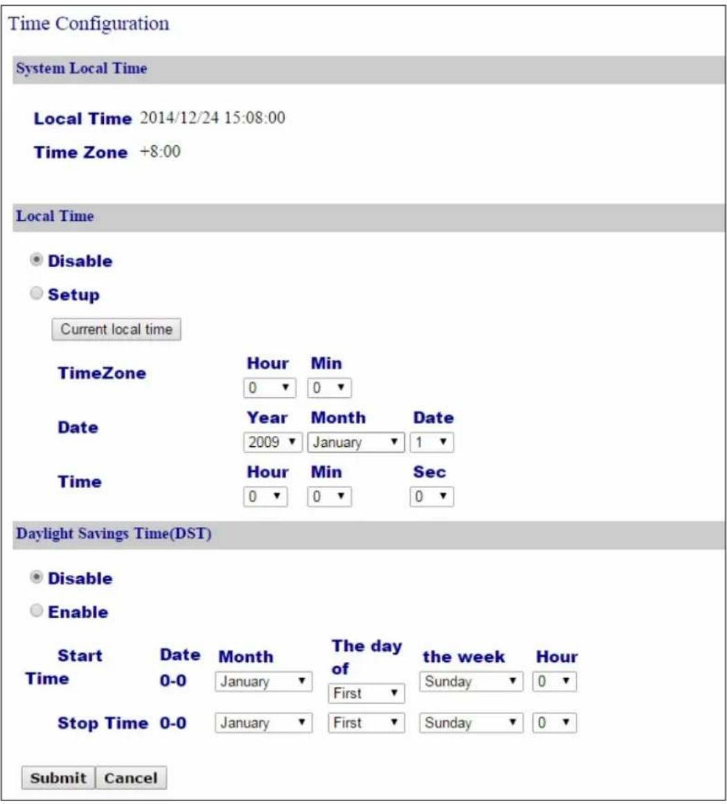 Time Configuration System Local Time Local Time 2014/12/24 15:08:00 Time Zone +8:00 Local Time Disable Setup Current local time TimeZone Hour Min 0 ▼ 0 ▼ Date Year Month Date 2009 January 1 ▼ Time Hour Min Sec 0 ▼ 0 ▼ 0 ▼ Daylight Savings Time(DST) Disable Enable Start Date Month The day the week Hour Time 0-0 January First Sunday 0 ▼ Stop Time 0-0 January First Sunday 0 ▼ Submit Cancel