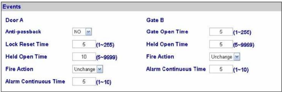 Events Door A Anti-passback NO Lock Reset Time 5 (1~255) Held Open Time 10 (5~9999) Fire Action Unchange Alarm Continuous Time 5 (1~10) Gate B Gate Open Time 5 (1~255) Held Open Time 5 (5~9999) Fire Action Unchange Alarm Continuous Time 5 (1~10)