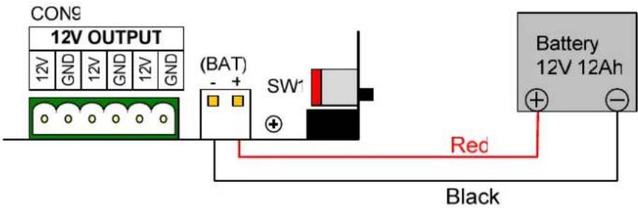CONS 12V OUTPUT 12V GND 12V GND 12V GND (BAT) SW1 Red Battery 12V 12Ah + - Black