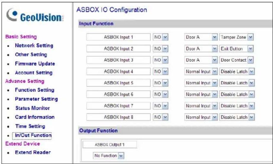 GeoVision Basic Setting • Network Setting • Other Setting • Firmware Update • Account Setting Advance Setting • Function Setting • Parameter Setting • Status Monitor • Card Information • Time Setting • In/Out Function Extend Device • Extend Reader ASBOX IO Configuration Input Function ASBOX Input 1 NO Door A Tamper Zone ASBOX Input 2 NO Door A Exit Button ASBOX Input 3 NO Door A Door Contact ASBOX Input 4 NO Normal Input Disable Latch ASBOX Input 5 NO Normal Input Disable Latch ASBOX Input 6 NO Normal Input Disable Latch ASBOX Input 7 NO Normal Input Disable Latch ASBOX Input 8 NO Normal Input Disable Latch Output Function ASBOX Output 1 No Function