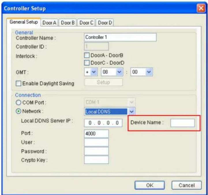 Controller Setup General Setup Door A Door B Door C Door D General Controller Name : Controller 1 Controller ID : 1 Interlock : DoorA - DoorB DoorC - DoorD GMT : + 08 : 00 Enable Daylight Saving Setup Connection COM Port : COM 1 Network : Local DDNS Local DDNS Server IP : 0.0.0.0 Device Name : Port : 4000 User : Password : Crypto Key : OK Cancel