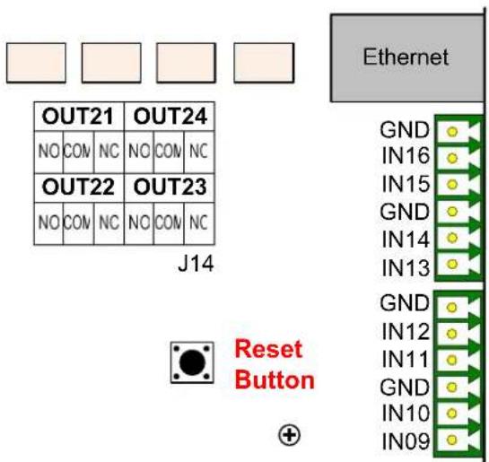 OUT21 OUT24 NO CON NC NO CON NC OUT22 OUT23 NO CON NC NO CON NC J14 Ethernet GND IN16 IN15 GND IN14 IN13 GND IN12 IN11 GND IN10 IN09 Reset Button +