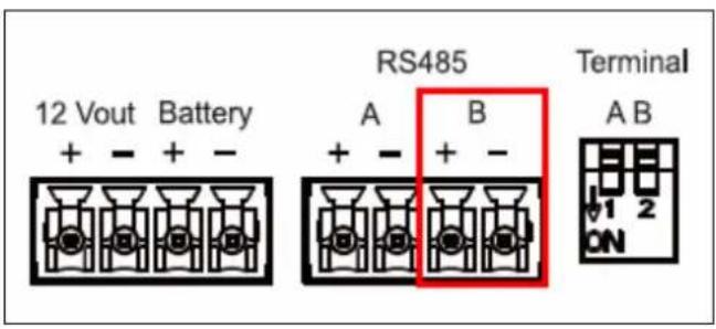 12 Vout Battery RS485 A B + - + - + - + - Terminal A B 1 2 ON