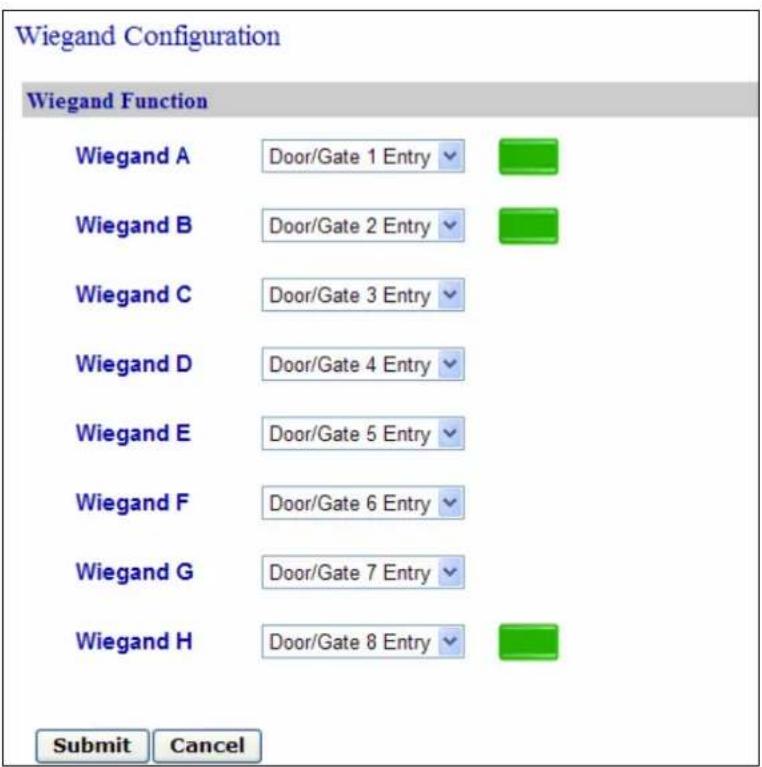 Wiegand Configuration Wiegand Function Wiegand A Door/Gate 1 Entry Wiegand B Door/Gate 2 Entry Wiegand C Door/Gate 3 Entry Wiegand D Door/Gate 4 Entry Wiegand E Door/Gate 5 Entry Wiegand F Door/Gate 6 Entry Wiegand G Door/Gate 7 Entry Wiegand H Door/Gate 8 Entry Submit Cancel