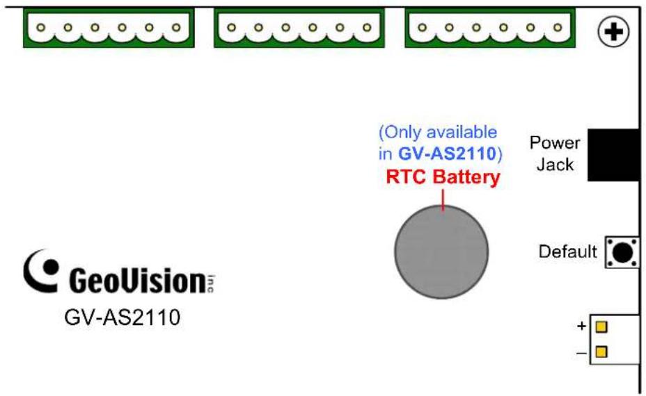 (Only available in GV-AS2110) RTC Battery GeoVision Inc GV-AS2110 Power Jack Default + -