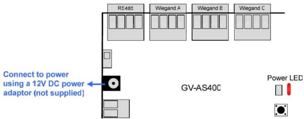 RS485 Wiegand A Wiegand B Wiegand C Connect to power using a 12V DC power adaptor (not supplied) GV-AS40C Power LED