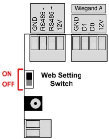 GND RS485 - RS485 + 12V Wiegand A GND D1 D0 12V ON OFF Web Setting Switch