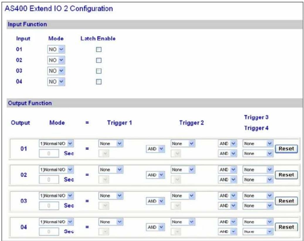 AS400 Extend IO 2 Configuration Input Function Input Mode Latch Enable 01 NO □ 02 NO □ 03 NO □ 04 NO □ Output Function Output Mode = Trigger 1 Trigger 2 Trigger 3 Trigger 4 01 1)Normal N/O = None AND None AND None Reset 0 Sec 02 1)Normal N/O = None AND None AND None Reset 0 Sec 03 1)Normal N/O = None AND None AND None Reset 0 Sec 04 1)Normal N/O = None AND None AND None Reset