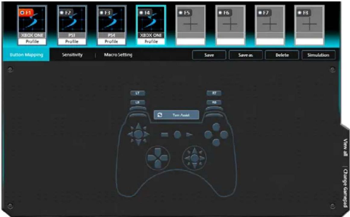 F1 XBOX ONE Profile F2 PSI Profile F3 PS4 Profile F4 XBOX ONE Profile F5 + F6 + F7 + F8 Button Mapping Sensitivity | Macro Setting Save Save as Delete Simulation LT RT LB RD Turn Asset View all Change Gamepad