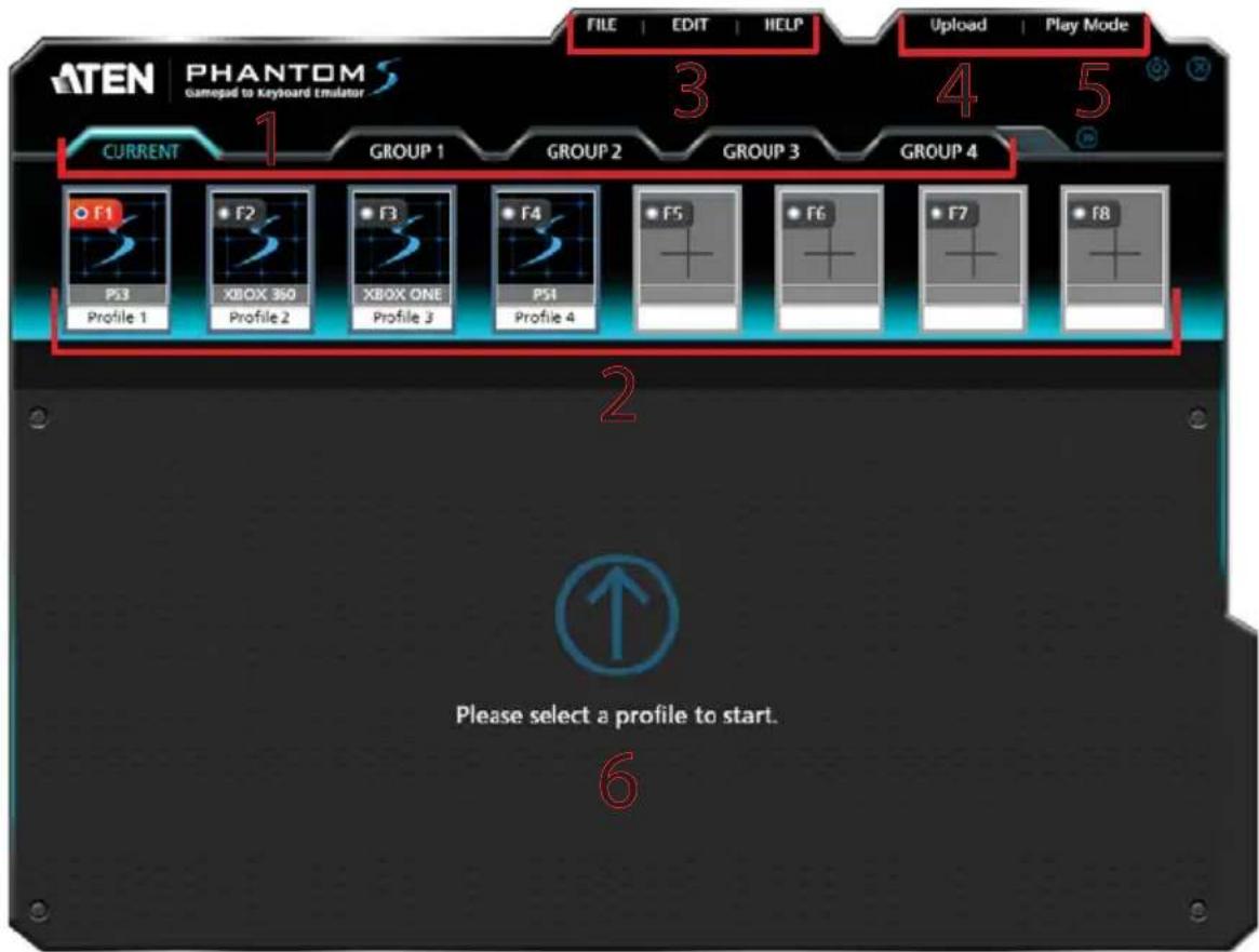 ATEN PHANTOM Gamepad to keyboard emulator CURRENT 1 GROUP 1 GROUP 2 GROUP 3 GROUP 4 F1 F2 F3 F4 F5 F6 F7 F8 PS3 XBOX 360 XBOX ONE PS4 Profile 1 Profile 2 Profile 3 Profile 4 Please select a profile to start. File EDIT HELP Upload Play Mode 2 6