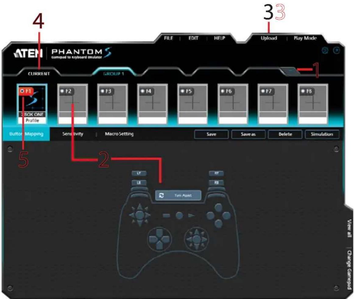 ATEN PHANTOMS Gamepad to keyboard emulator FILE EDIT HELP Upload Play Mode CURRENT GROUP 1 F1 BOX ONE Profile Button Mapping Sensitivity Macro Setting Save Save as Delete Simulation 2 LY RT LE RB Turn Asset View all Change Games