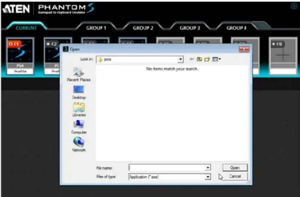 ATEN PHANTOM Gamepad to Keyboard Simulator CURRENT GROUP 1 GROUP 2 GROUP 3 GROUP 4 F1 F2 F3 F4 PSA Profile PSB Profile Open Look in: pics Recent Places Desktop Libraries Computer Network No items match your search. File name: Files of type: Application (*.exe) Open Cancel