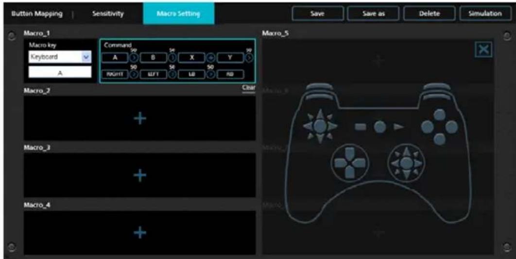 Button Mapping | Sensitivity | Macro Setting Macro_1 Macro key Keyboard A Command A 90 B 96 X Y RIGHT LEFT LD ND Macro_2 Macro_3 Macro_4 Macro_5 + + + + + +