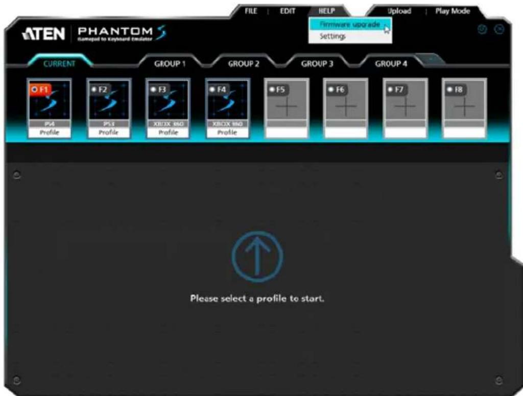 ATEN PHANTOM C Temped to Keyboard Simulator FILE EDIT HELP Upload Play Mode Firmware upgrade Settings CURRENT GROUP 1 GROUP 2 GROUP 3 GROUP 4 F1 F2 F3 F4 F5 F6 F7 F8 P4 P5 XBOX 480 XBOX 880 Profile Please select a profile to start. Please select a profile to start.