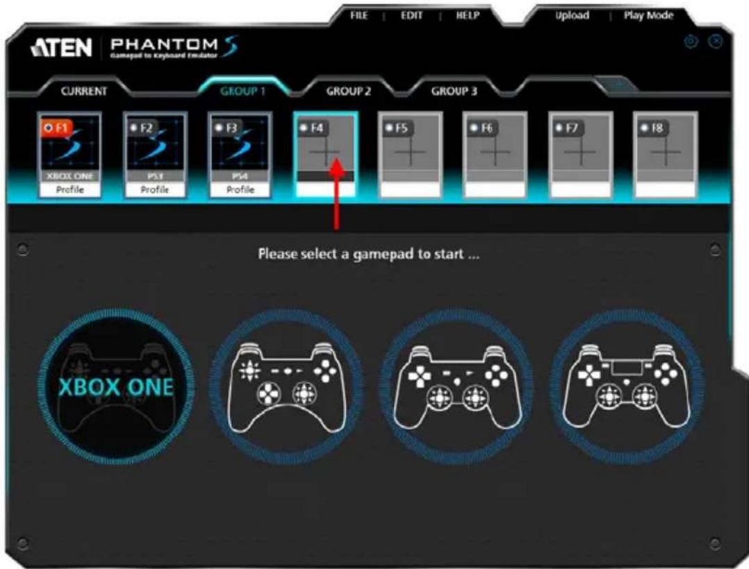ATEN PHANTOM Gamepad to Keyboard Simulator FILE EDIT HELP Upload Play Mode CURRENT GROUP 1 GROUP 2 GROUP 3 F1 F2 F3 F4 F5 F6 F7 F8 XBOX ONE PS1 PS4 Profile Profile Profile Please select a gamepad to start ...