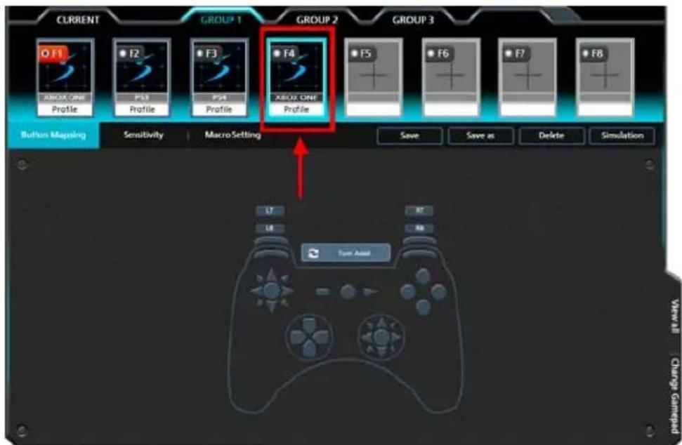 CURRENT GROUP 1 GROUP 2 GROUP 3 Button Mapping Sensitivity Macro Setting Save Save as Delete Simulation F1 F2 F3 F4 F5 F6 F7 F8 L7 L8 R2 R3 Turn Asia! View All Change Gamepad