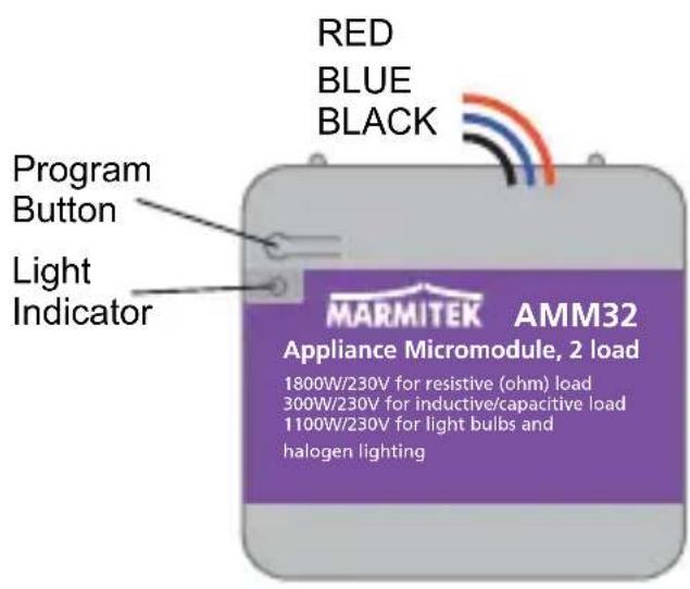 RED BLUE BLACK Program Button Light Indicator AMM32 Appliance Micromodule, 2 load 1800W/230V for resistive (ohm) load 300W/230V for inductive/capacitive load 1100W/230V for light bulbs and halogen lighting