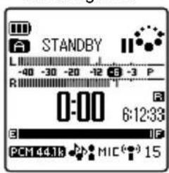 STANDBY L -40 -30 -20 -12 -3 P R : 0 : 00 6:12:33 E I PCM 44.1k MIC(°) 15