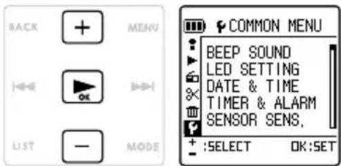 BACK MENU LIST — MODE COMMON MENU BEEP SOUND LED SETTING DATE & TIME TIMER & ALARM SENSOR SENS. :SELECT OK:SET