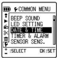 COMMON MENU BEEP SOUND LED SETTING DATE & TIME TIMER & ALARM SENSOR SENS. + :SELECT OK:SET