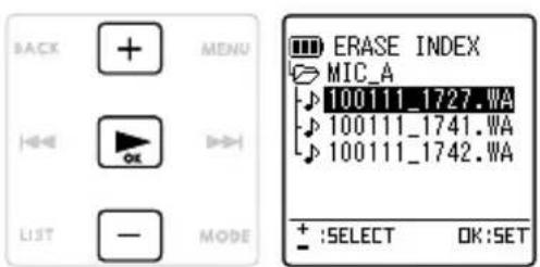 BACK MENU ↓ OK LIST — MODE ERASE INDEX MIC_A 100111_1727.WA 100111_1741.WA 100111_1742.WA + :SELECT OK:SET