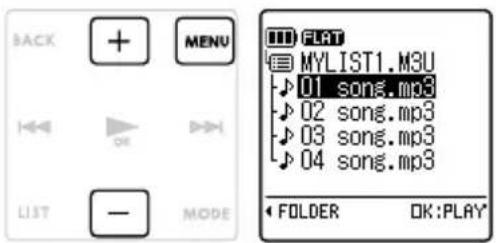 BACK MENU LIST - MODE FLAT MYLIST1.M3U 01 songs.mp3 02 songs.mp3 03 songs.mp3 04 songs.mp3 FOLDER OK:PLAY*