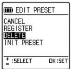 EDIT PRESET CANCEL REGISTER DELETE INIT PRESET + :SELECT OK:SET