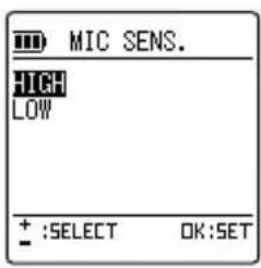 MIC SENS. HIGH LOW + :SELECT OK:SET