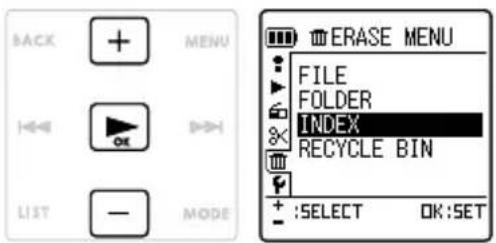 BACK MENU | OK LIST - MODE ERASE MENU FILE FOLDER INDEX RECYCLE BIN + :SELECT OK:SET