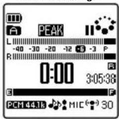 PEAK L -40 -30 -20 -12 -5 -3 P R 0:00 3:05:38 E F PCM 44.1k MIC(●) 30