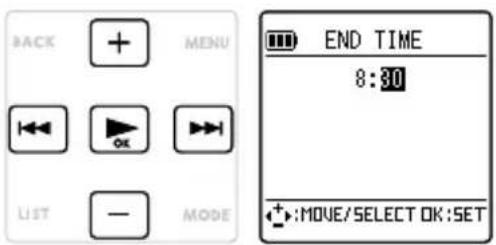 BACK MENU ←→ OK LIST — MODE END TIME 8:30 +:MOVE/SELECT OK:SET
