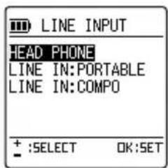 LINE INPUT HEAD PHONE LINE IN: PORTABLE LINE IN: COMPO + :SELECT OK:SET