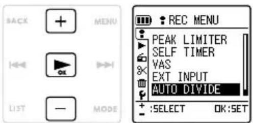 BACK MENU ←→ OK LIST — MODE REC MENU PEAK LIMITER SELF TIMER VAS EXT INPUT AUTO DIVIDE + :SELECT OK:SET