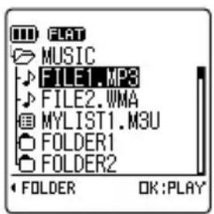 FLRT MUSIC FILE1.MP3 FILE2.WMA MYLIST1.M3U FOLDER1 FOLDER2 FOLDER OK:PLAY