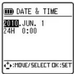 DATE & TIME 2010.JUN. 1 24H 0:00 +:MOVE/SELECT OK:SET
