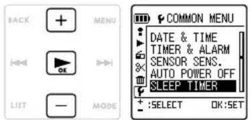 BACK MENU OK LIST — MODE COMMON MENU DATE & TIME TIMER & ALARM SENSOR SENS. AUTO POWER OFF SLEEP TIMER + :SELECT OK:SET
