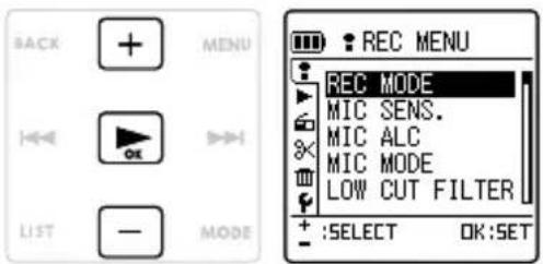 BACK MENU OK LIST MODE REC MENU REC MODE MIC SENS. MIC ALC MIC MODE LOW CUT FILTER :SELECT OK:SET