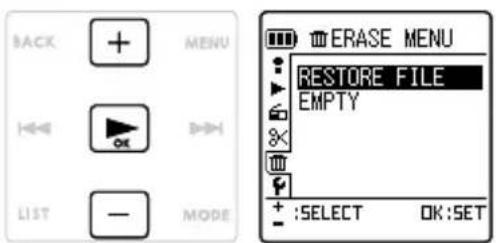 BACK MENU ←→ OK →→ LIST — MODE ERASE MENU RESTORE FILE EMPTY + :SELECT OK:SET