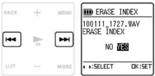 BACK MENU ←← OK LIST — MODE ERASE INDEX 100111_1727.WAV ERASE INDEX NO YES ►:SELECT OK:SET