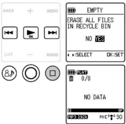 BACK MENU LIST — MODE EMPTY ERASE ALL FILES IN RECYCLE BIN NO YES SELECT OK:SET FLAT 0/0 NO DATA E MP3 192k MIC® 30