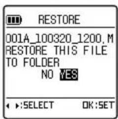 RESTORE 001A_100320_1200, M RESTORE THIS FILE TO FOLDER NO YES SELECT OK:SET