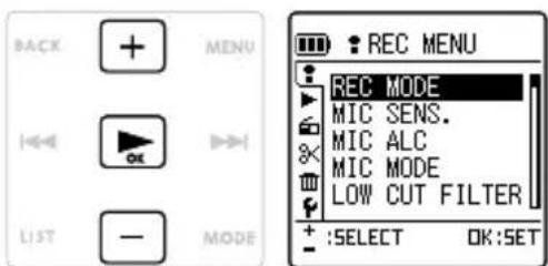 BACK MENU LIST — MODE REC MENU REC MODE MIC SENS. MIC ALC MIC MODE LOW CUT FILTER + :SELECT OK:SET