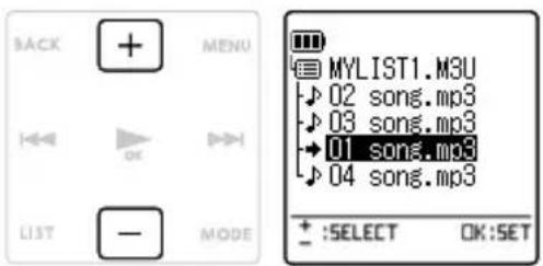 BACK MENU MYLIST1.M3U 02 song.mp3 03 song.mp3 01 song.mp3 04 song.mp3 + :SELECT OK:SET