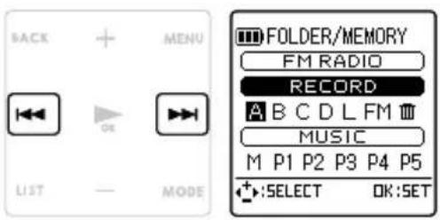 BACK MENU FOLDER/MEMORY FM RADIO RECORD A B C D L FM MUSIC M P1 P2 P3 P4 P5 + :SELECT OK:SET